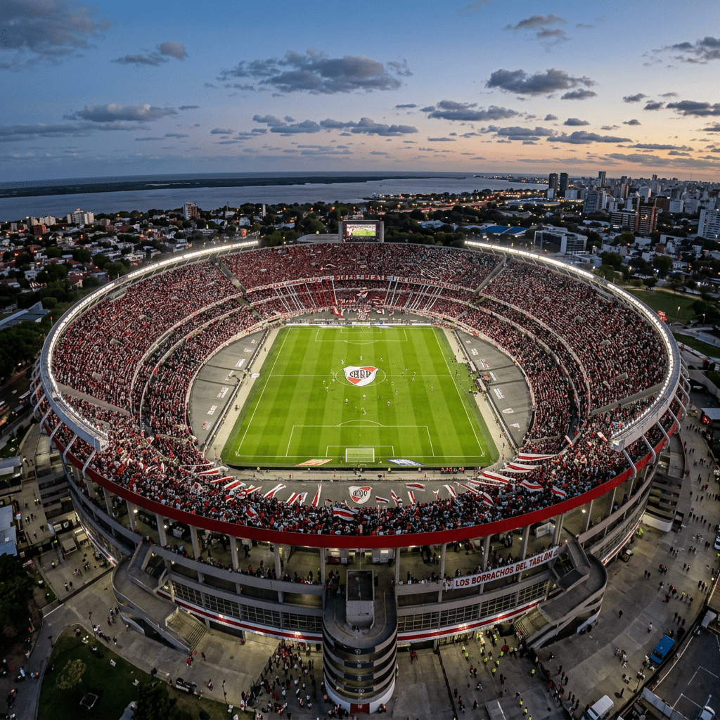 Aerial view of a crowded soccer stadium with a match in progress and cityscape in the background