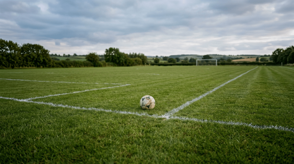 Worn soccer ball on the corner line of a well-maintained grass soccer field