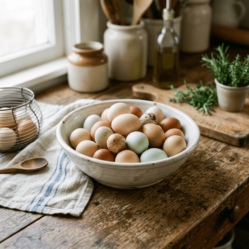 Ceramic bowl filled with pastel and speckled eggs on a wooden table